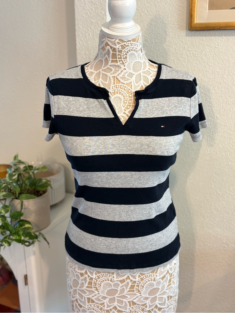 Tommy Hilfiger Short Sleeve Striped Notch-Collar Tee- Navy & Gray